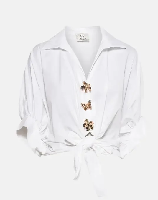 Vintage Palace Style Turn-Down Collar Batwing Sleeve Golden Floral Button Front Blouse Women's Casual Knot Front Loose Fit Top