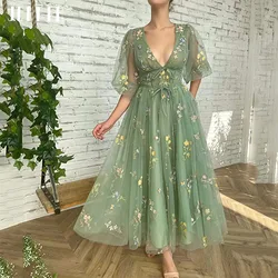 JEHETH Mint Green Prom Dress Lace Up Sexy Deep V-Neck Half Puff Sleeves A Line Flower Embroider Tulle Prom Gown Ankle Length