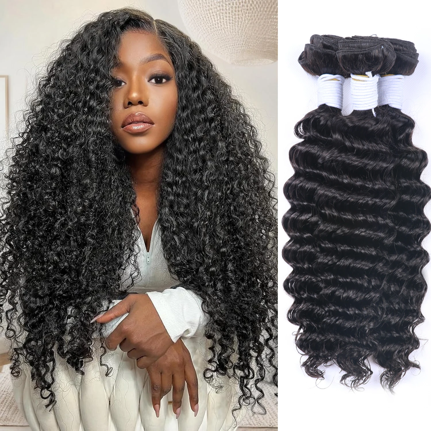 

Натуральные волосы Deep Wave, 30-34 дюйма, 3/4 пучка, кудрявые, необработанные, двойная трессировка, для наращивания