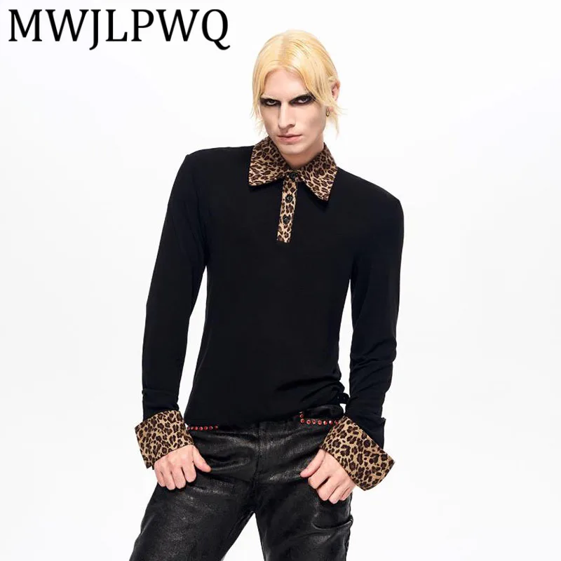 

MWJLPWQ Leopard Printed Lapel Long Sleeve T-Shirt For Men High Street Autumn Winter Boys Base Shirt Ins New Wear Trendy 12760