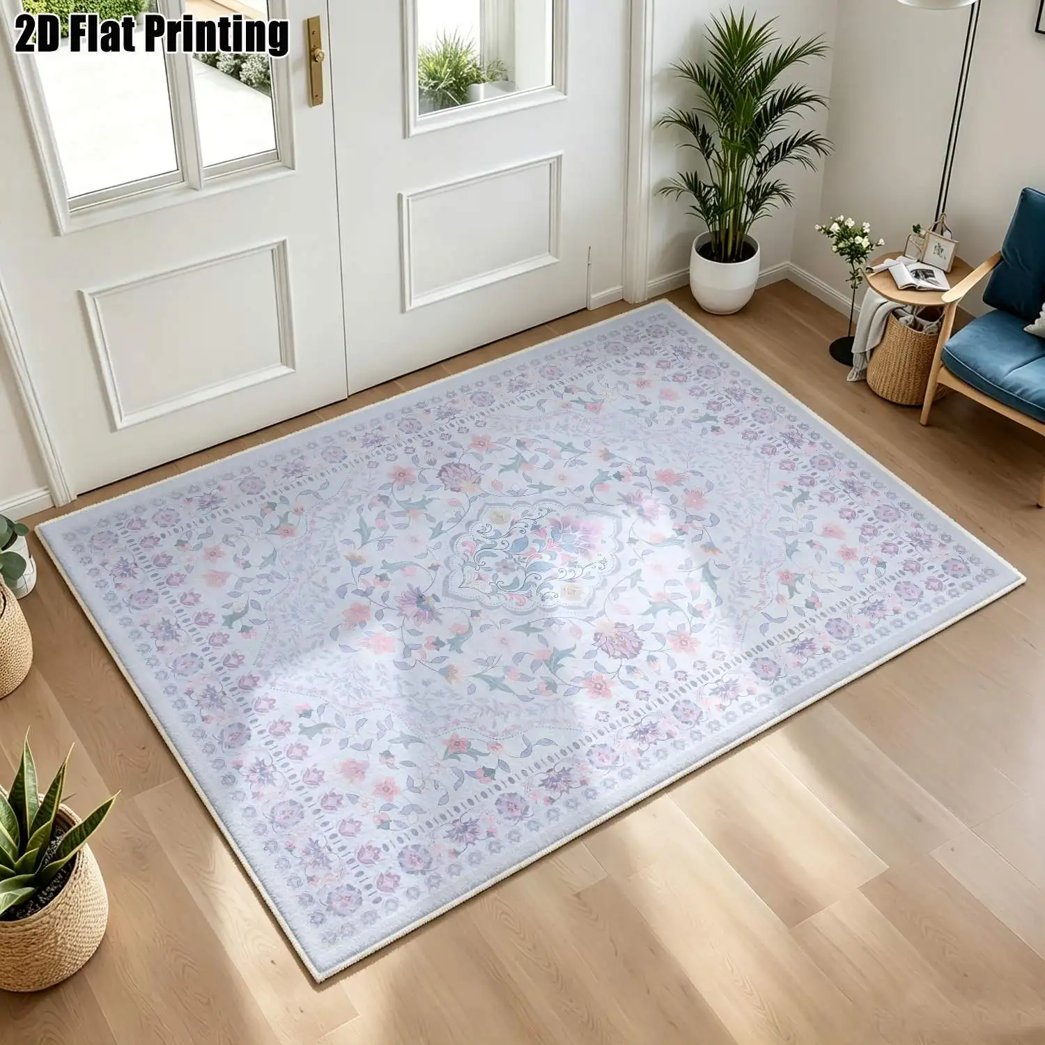 1Pc 2D Printed Pink Floral Velvet Carpet: European, Bohemian, Geometric, Vintage Styles, Machine Washable, Multi-Size, for Home Decor, Multi-Scenario Use