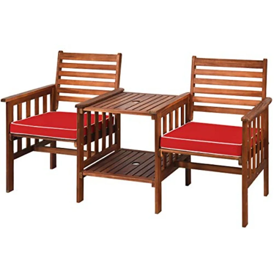 

Outdoor acacia wood loveseat set: 3pcs patio conversation set with coffee table, soft cushions, 2.1-inch umbrella hole, 2-seate