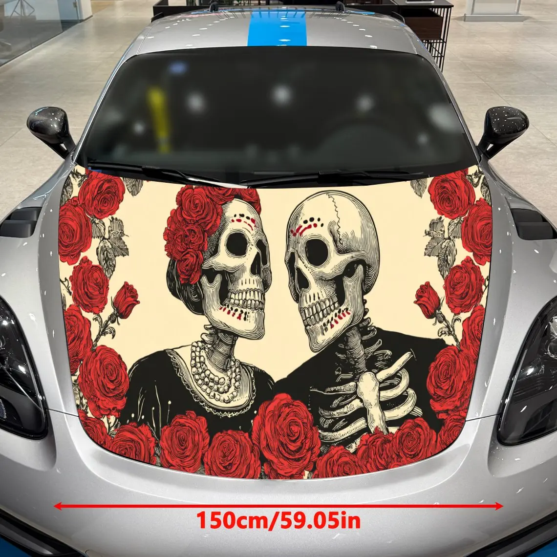 Fantasy Day of the Dead Skull Couple Car Cover Sticker, Auto Hood Decal, Car Exterior Scratch Resistant Decal, Trendy Gift for C