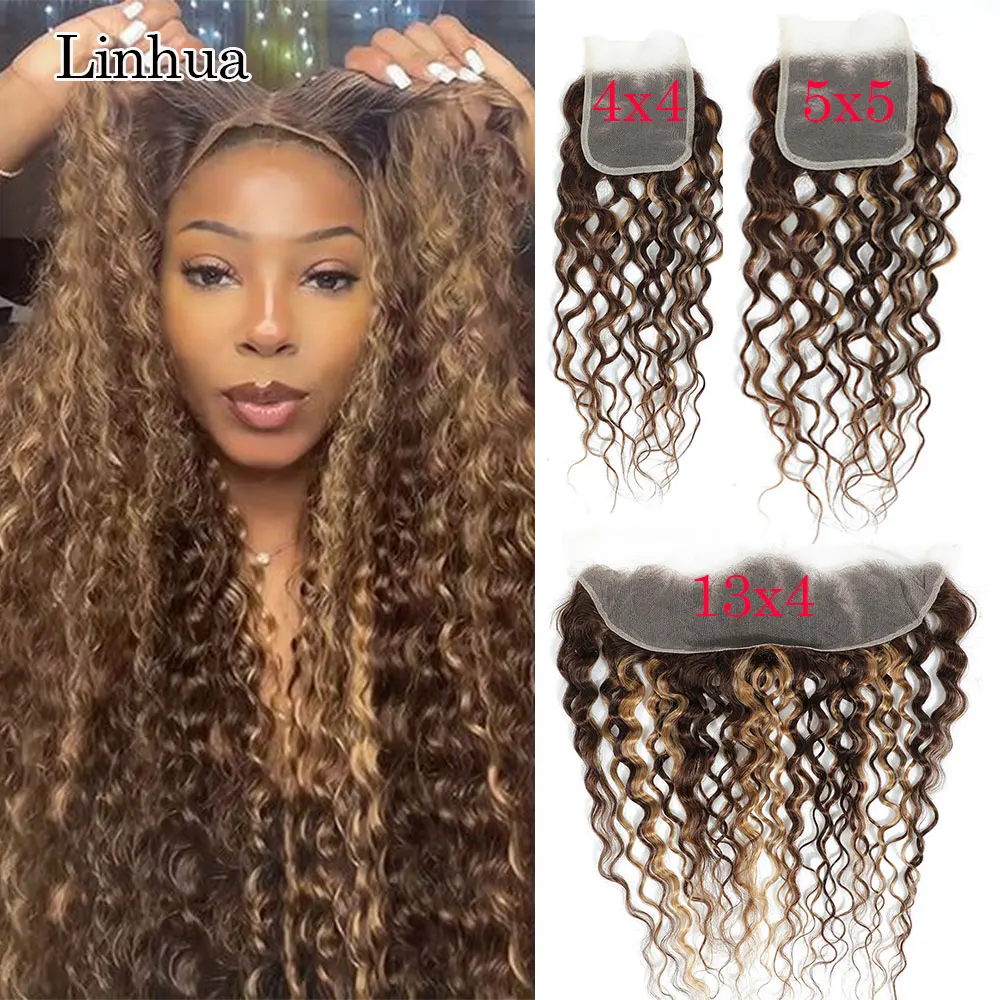 Llinhua Water Wave 13x4 Transparent Lace Frontal Highlight P4/27 4x4  5x5 Lace Clsoure Human Hair Ombre Brown Honey Blonde Color