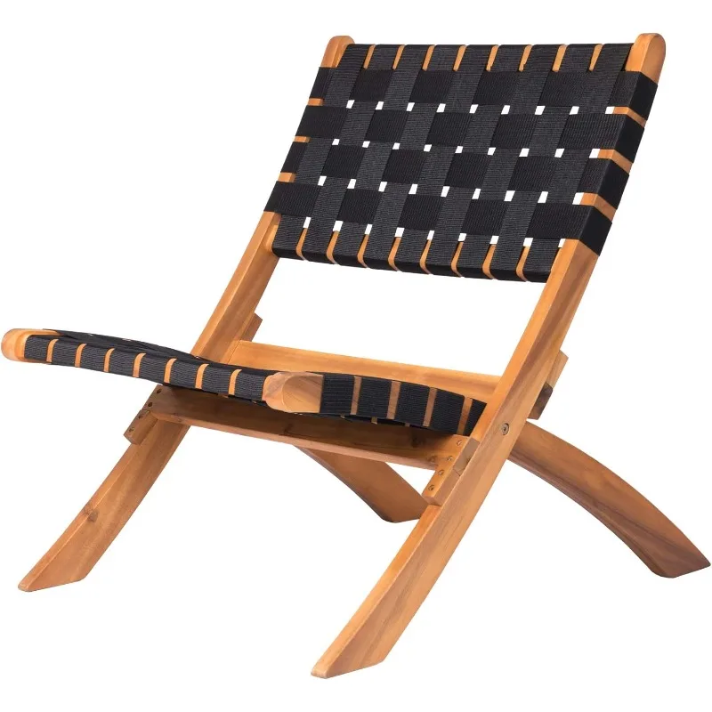 

62774 Sava Indoor Outdoor Folding Chair All Weather Wicker Low Slung Portable Seating Solid Acacia Wood Woven Seat