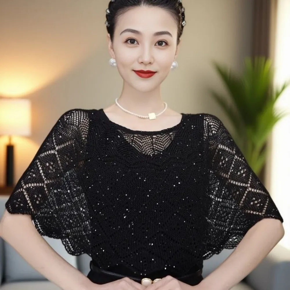Pullover Style Crochet Shawl Pearl Brooch Detachable Collars Hollow Out Shawl Thin Solid Color Air-conditioning Coverall Summer