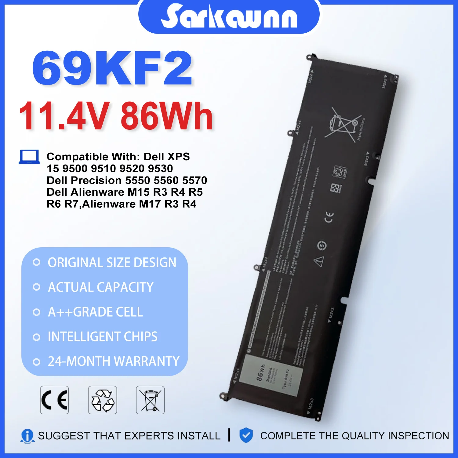 SARKAWNN 69KF2 Laptop Battery For Dell P91F M15 R3 M17 R3 2020 M17 R4 XPS 15 9500 Precision 5550 G15 5510 5511 5515 5520