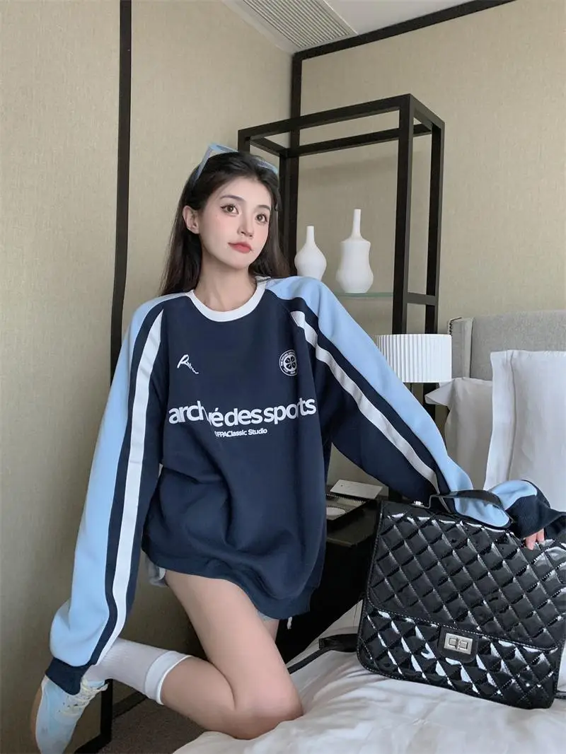 

Retro American Color Block round Neck Sweatshirt Women's Loose Long Sport Letter Print Casual Top for Autumn 2024 New Style