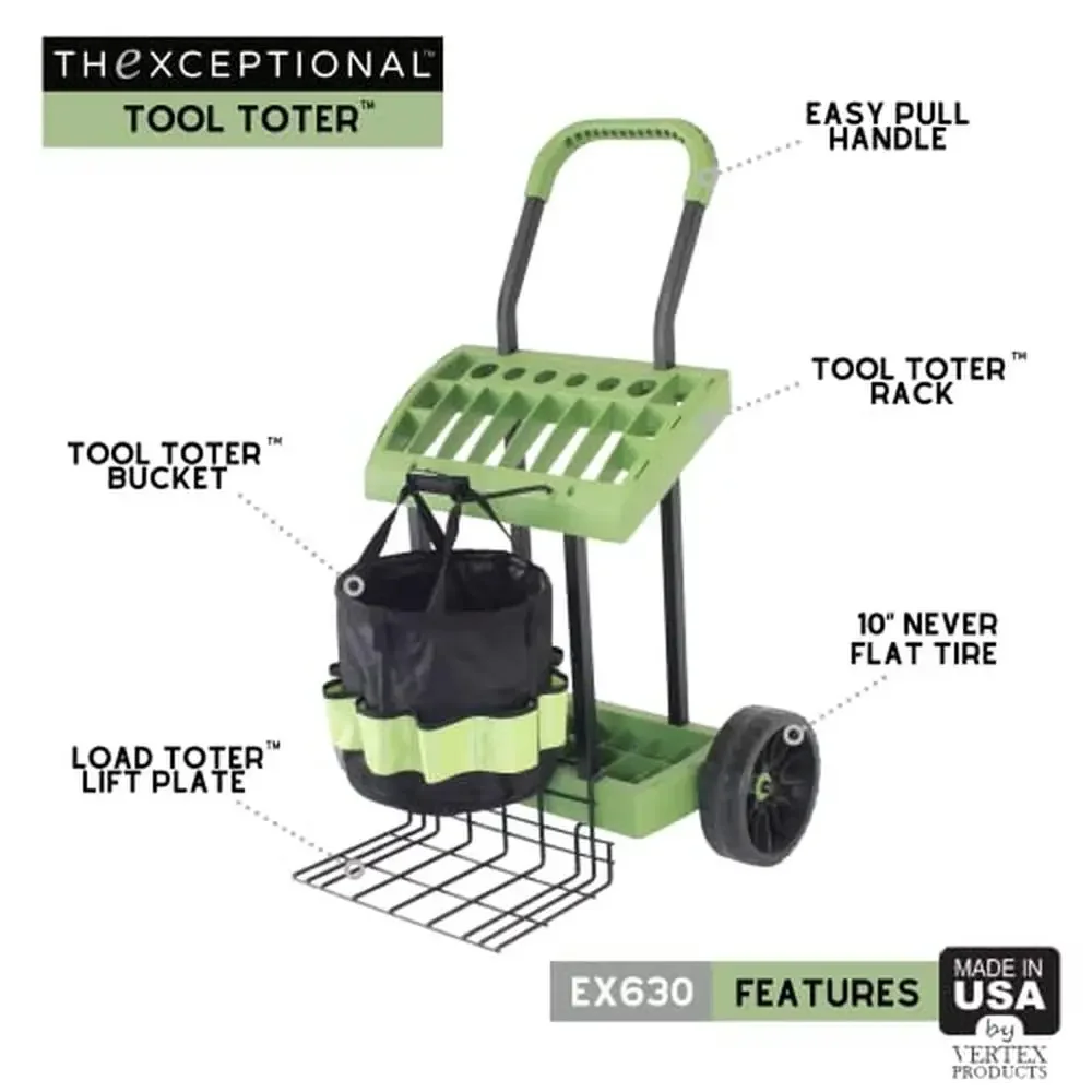 Garden Tool Toter Cart & Bucket with Load Toter Lift Plate Store Organize Mobilize Rake Shovel Harvest Supplies 10 Inch Never