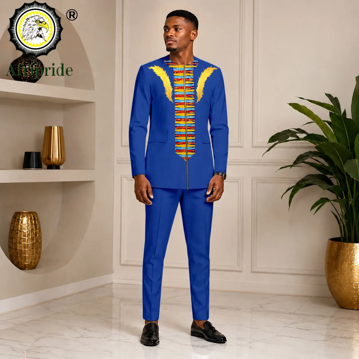 Men`s Business Suits Single Breasted Slim Fit Embroidery Print Zip Jacket and Pants Set Dashiki Outfits African Clothes 2616116