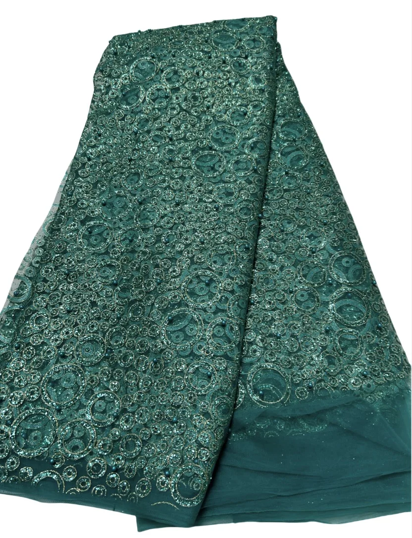 

Green Color Hot Selling Glitter lace fabric Sparkly french Net african glitter Beaded sequin lace fabric for wedding party