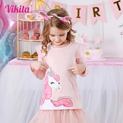 VIKITA Kids Licorne Cartoon T-shirt Children Autumn Spring Cotton Clothes Girls Long Sleeve Pink T-Shirt Casual Tops Tees Wear