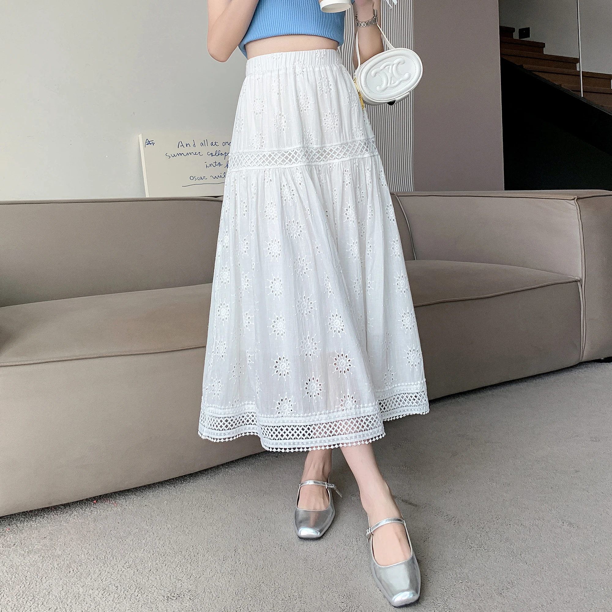 

2023 New Arrival Summer Korean Style Women Loose Casual A-line Mid-calf Skirt All-matched Elastic Waist Lace Skirts V369