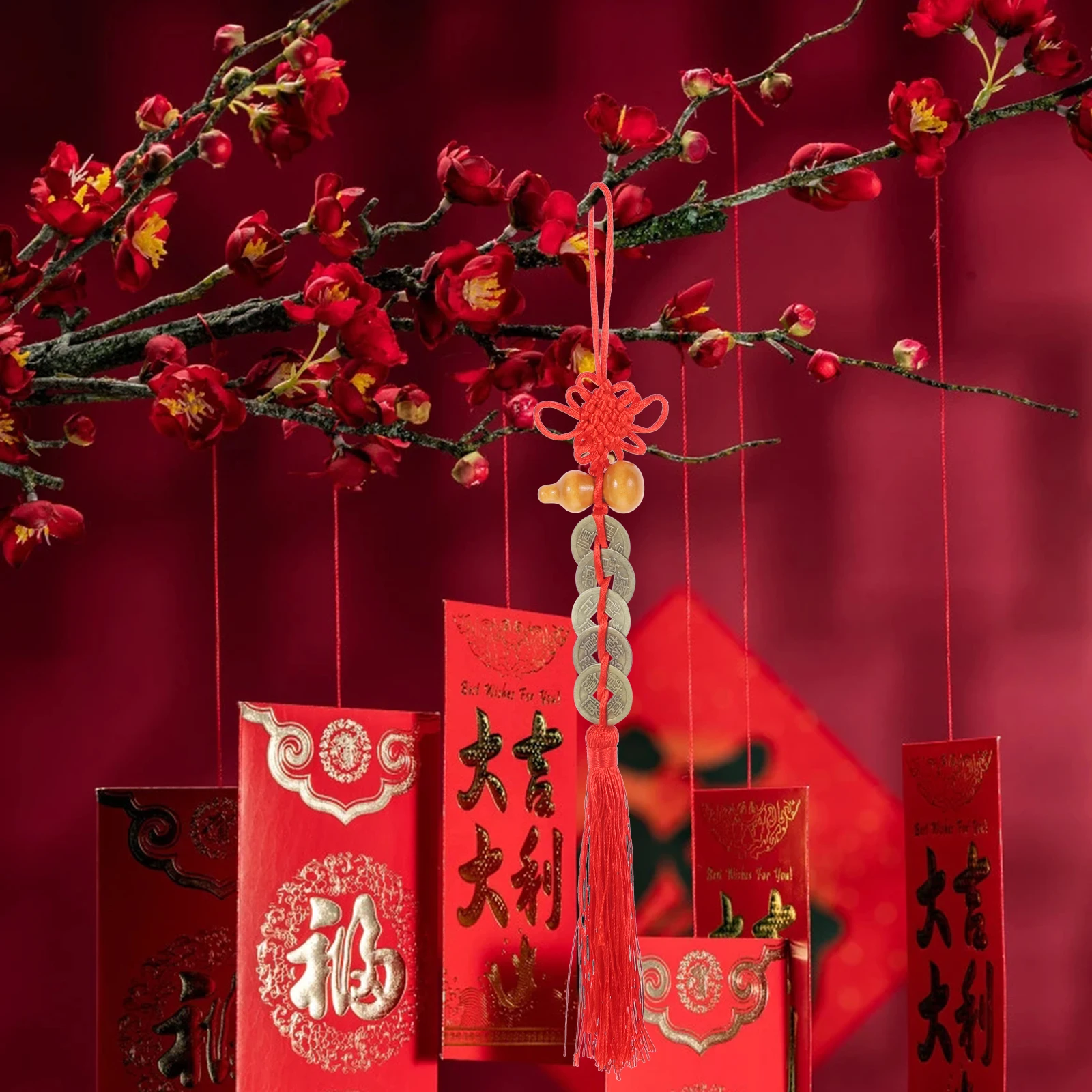 Adorno de borla de moneda de calabaza con nudo chino, colgante de calabaza de la suerte para decoración del hogar y el coche, suministros para Festival, colgante para Festival de Primavera, 4 Uds.