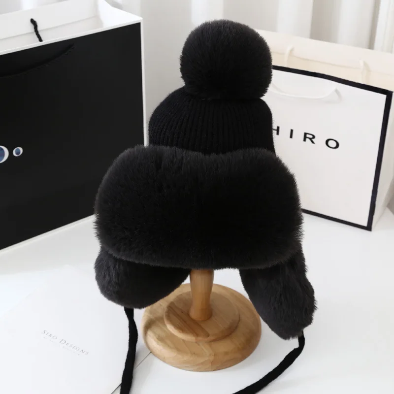 Winter Thick Outdoor Earflap Warm Hat Wool Knitted Snow Ski Cap Fleece Bomber Trapper Hat Women Ushanka Faux Fox Fur Pompom