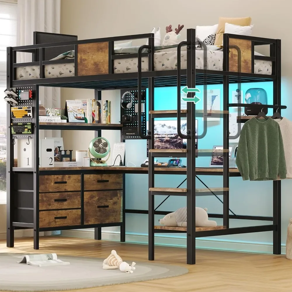 Loft Bed Twin Size with L Shaped Desk and Storage, Metal Bunk Bed with Desk Underneath and LED Lights and Charging Station78