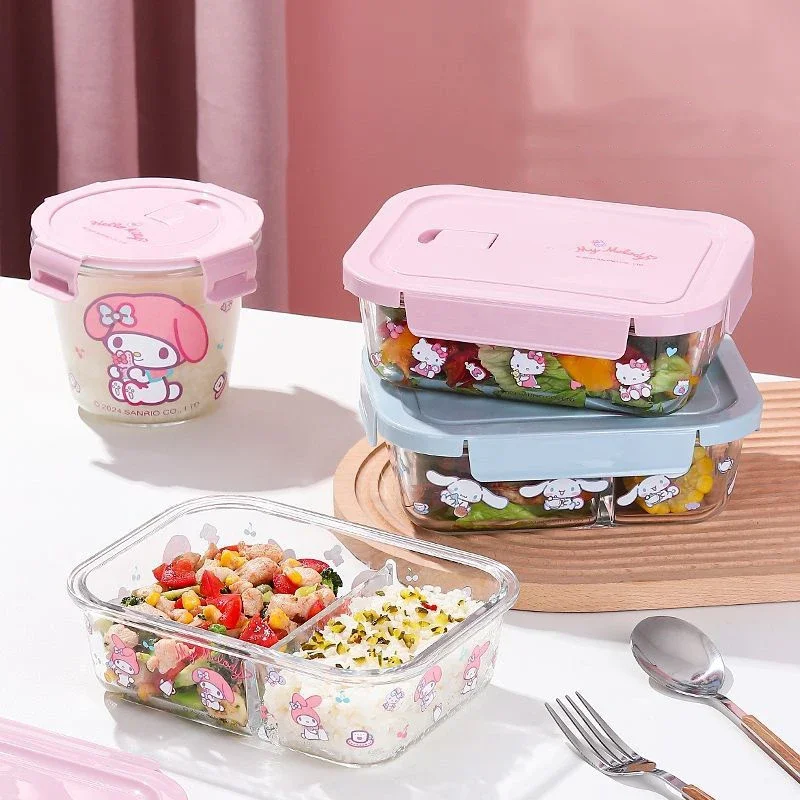 

Sanrio Kawaii Hello Kitty Glass Lunch Box My Melody Kuromi Anime Cartoon Exquisite Home Office Soup Bowls Crisper Box with Lid