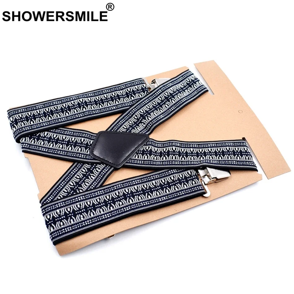 SHOWERSMILE Vintage-Hosenträger, breit, 5 cm, 4 Clips x Rücken-Hosenträger für Hosen, elastisch, grau, geometrisch, für Herren, Hemd-Hosenträger,