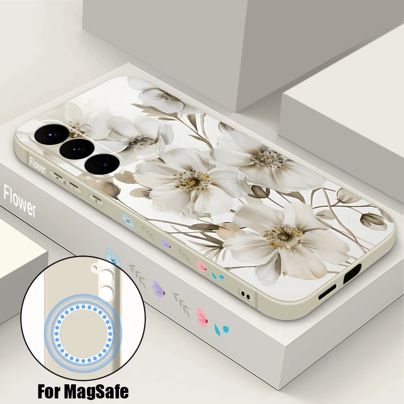 Soft TPU Magnetic Phone Case For Samsung Galaxy S26 S25 S24 S23 Ultra Plus S25 S24 S23 FE S22 Flower Bird Pattern Lanyard Cover