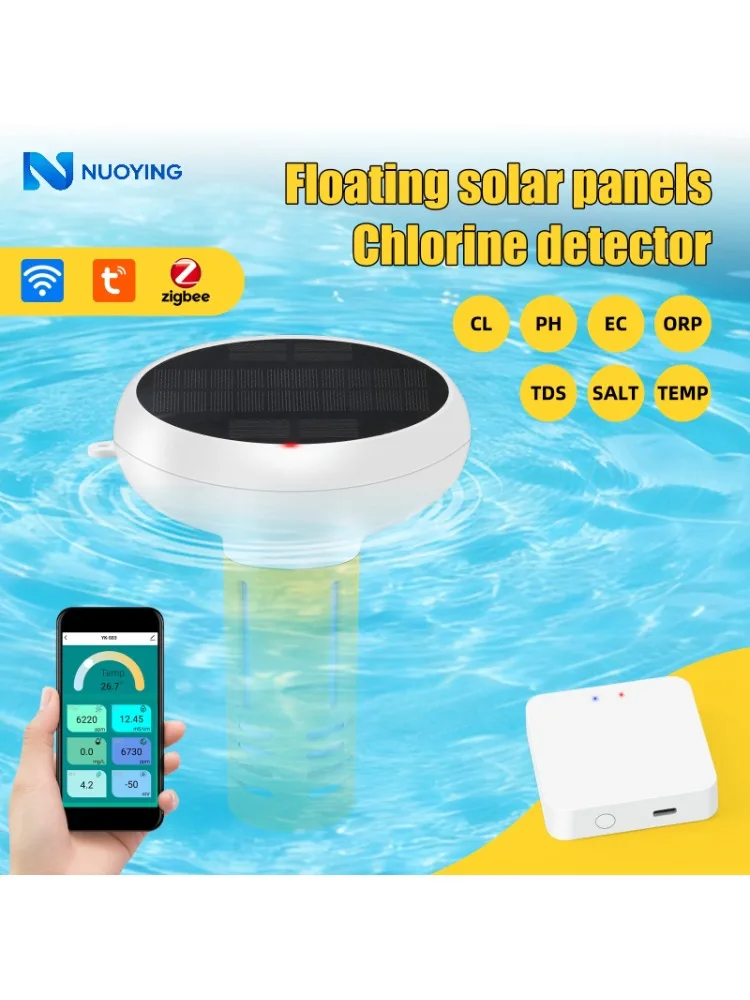7-in-1 Multifunktionaler Schwimmender Detektor mit Solarbetrieb, Tuya ZigBee-Verbindung zur Messung von PH, ORP, TDS, Salzgehalt, Temperatur und Chlor für Aquarium, Pool und Spa-Wartung