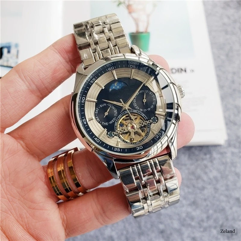 Luxury Mens Watch Automatic Mechanical Movement Calendar Function Six Hands Stainless Steel Band High Quality Fashion Wristwatch