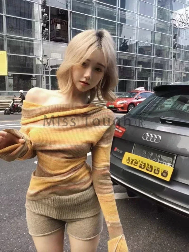 Autumn Aesthetic Sexy Off Shoulder Sweater Women High Street Chic Slim Long Sleeve Knit Tops Hot Chick Skinny Thin Knitwear New