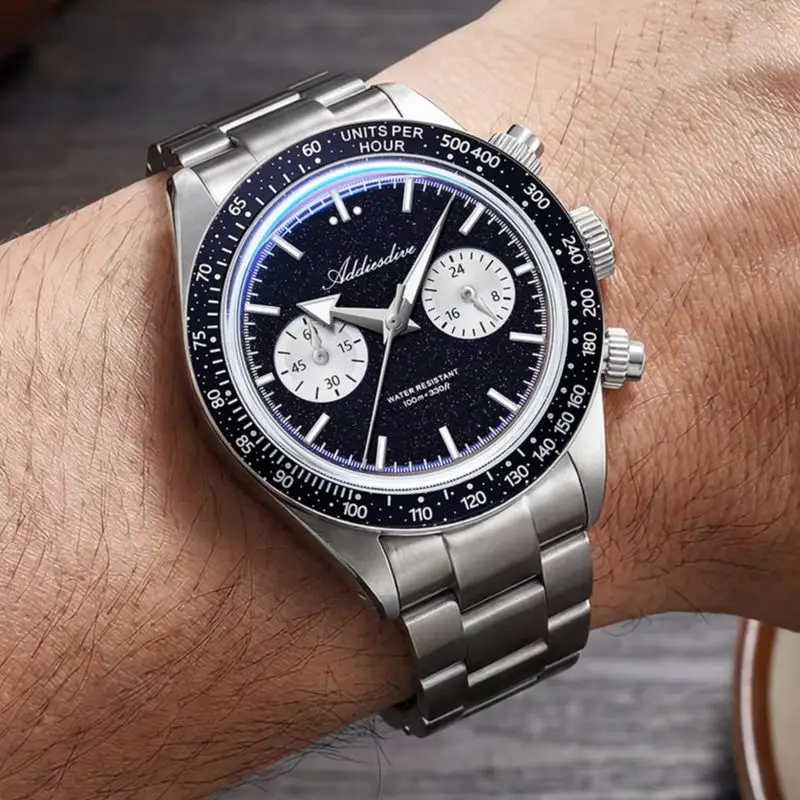 ADDIESDIVE Blue Sandstone Dial Quartz Watch Luxury Chronograph Super Luminous Wristwatch for Men Bubble Mirror Glass Male Clock