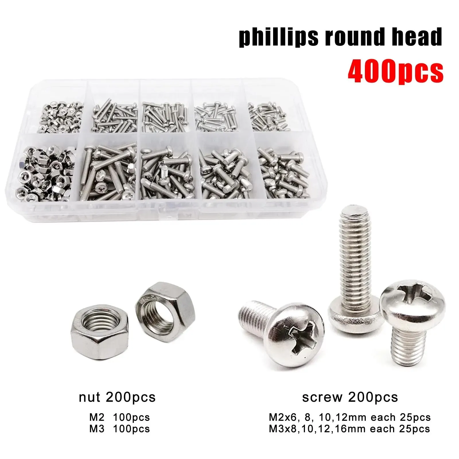 400pcs M2 M3 10 Sizes Phillips Pan Round Head Flat Countersunk Head Screw Bolt Nut Set Mix Kit Box 304 A2-70 Stainless Steel