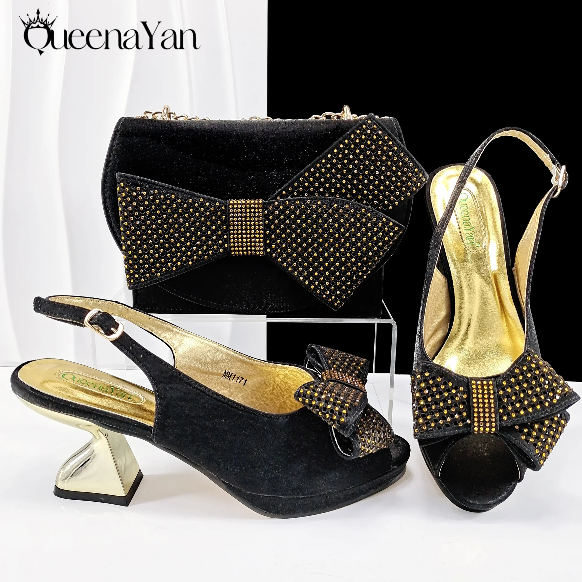

Queena Yan Mature Style Black Color Party Wedding Peep Toe Women Shoes with Unique heel design and Bag Set