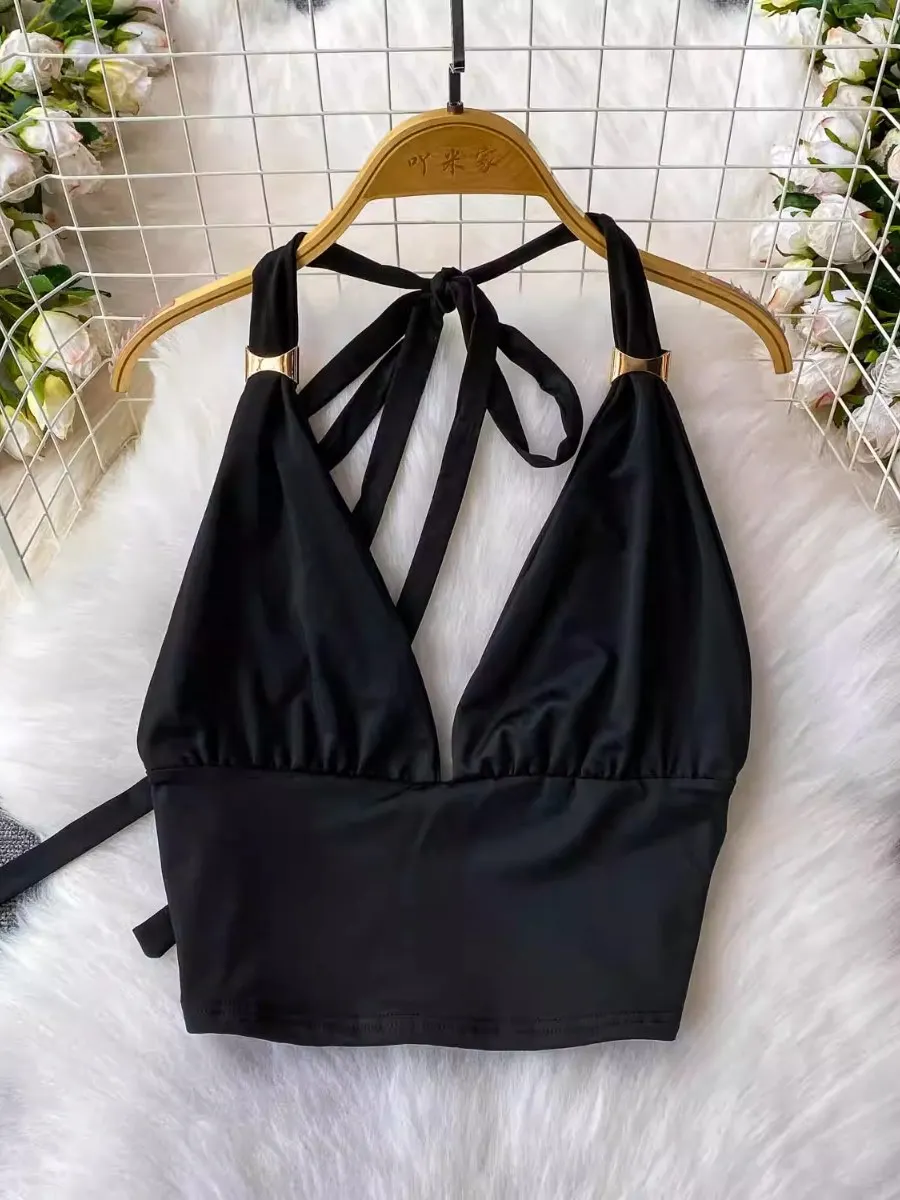 Foamlina mode haute rue Sexy dos nu col en V haut à licou femmes été Niche concepteur cravate coupe ajustée recadrée Blouse gilet