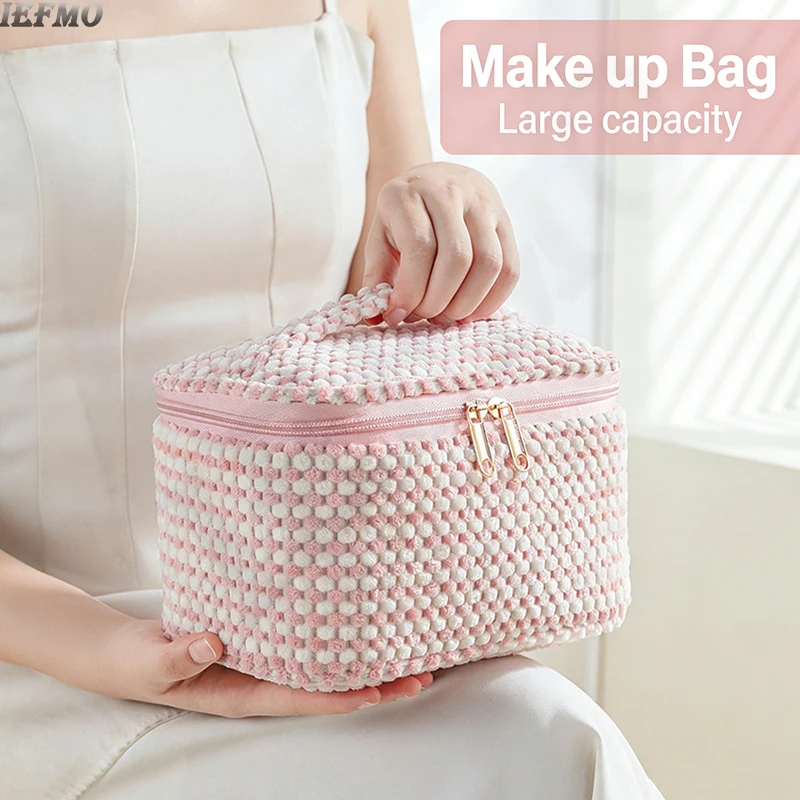 Fashion Corduroy Makeup Bag for Women Large Capacity Cosmetic Pouch Portable Cute Handy Travel Toiletry Bag with Handle
