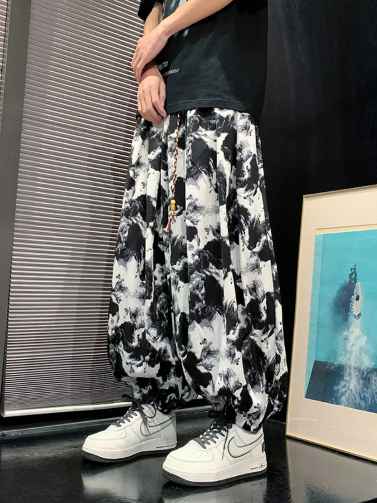 

Summer Thin Ice Silk Dyed Pants Men's Loose Casual Harem Lantern Pants Wide Waist Elastic Band Cool Feeling adient Pattern