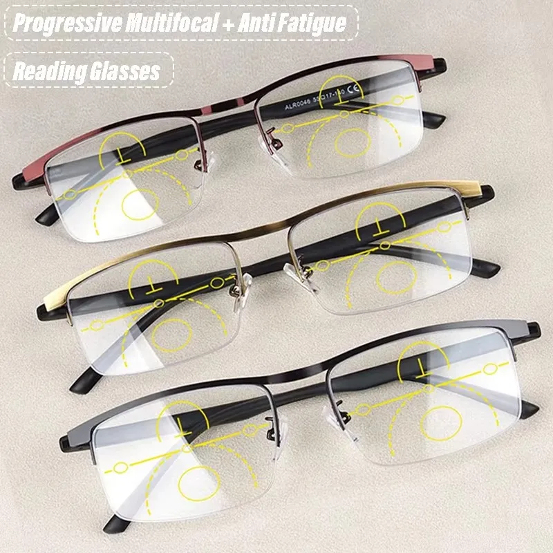 2026  Metal Half Frame Progressive Multifocal Reading Glasses Men Flexible Temples Women Hd Anti Fatigue Eyeglasses