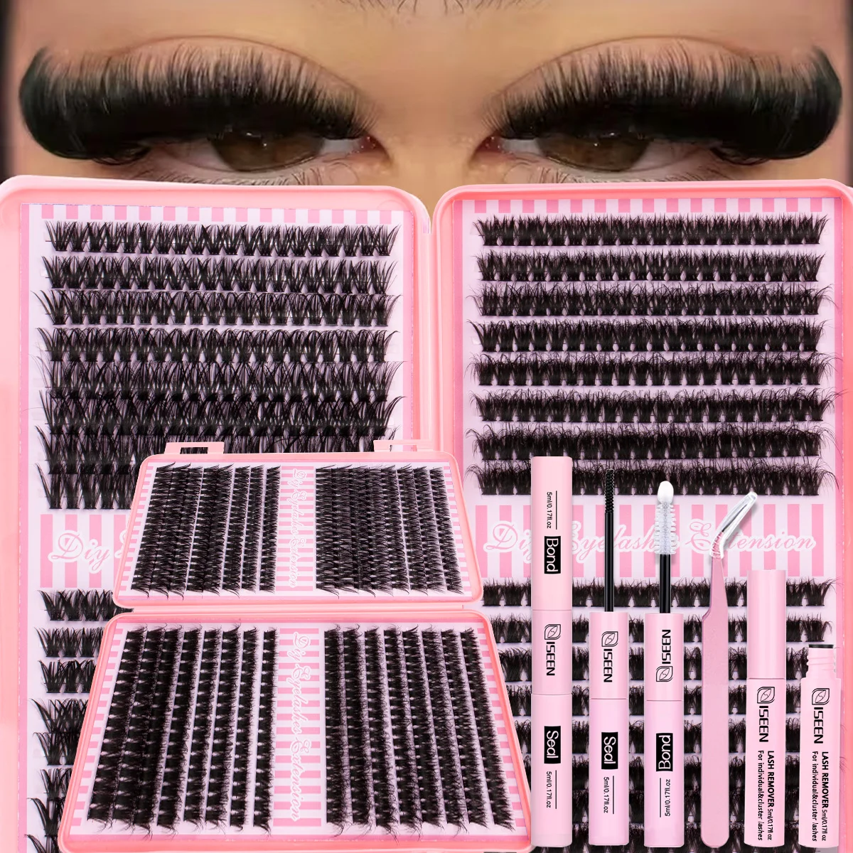 Kit d'extension de cils DIY avec pince à épiler, colle et scellant, cils individuels réutilisables, cadeau de festival, maquillage des yeux