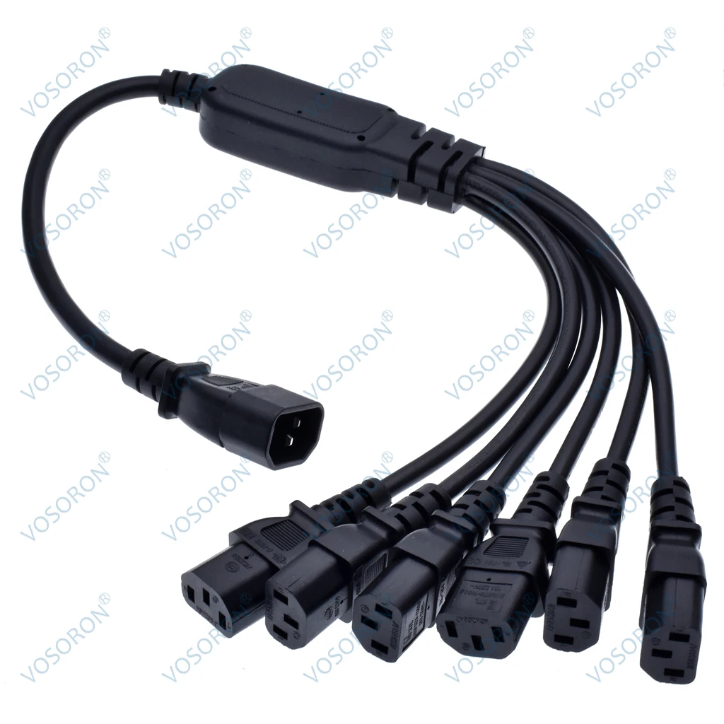  C14 to 6 X C13, IEC320 C14 Male Plug to C13 Female Socket Y Splitter Cord, 10A, 250V, IEC Male to 6 Female,Power Spliter Cable