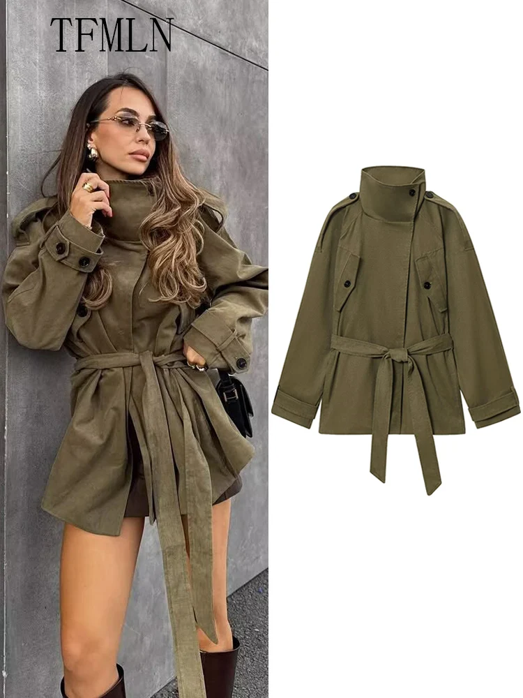 

TFMLN 2025 Autumn Winter Women Lace Up Trench Coats Fashion Full Sleeve Pockets Causal Outwear Loose Stand Collar Windbreaker