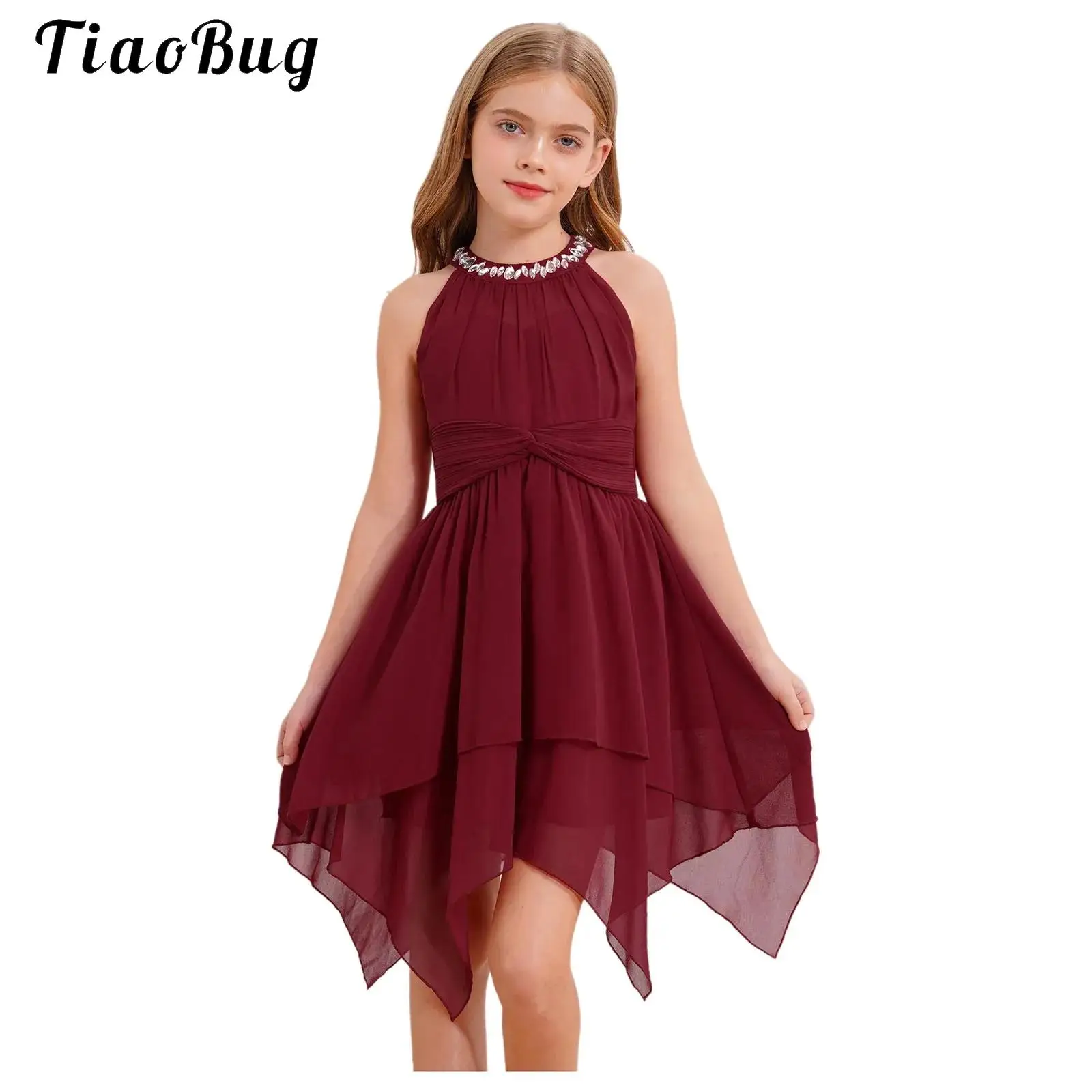 Flower Girls Halter Sleeveless Dresses Summer Chiffon Ruffled Junior Bridesmaid Wedding Party Dress Faux Diamond Irregular Dress