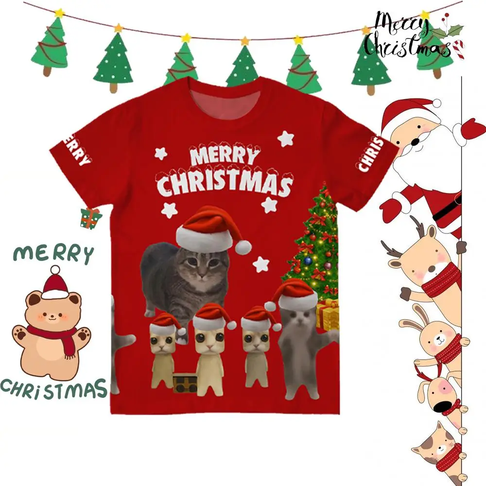 

2025 New Fun Christmas Cat Print T-shirt Street Fashion Casual Short Sleeve Y2K Men And Women Holiday Gift Round Neck Top