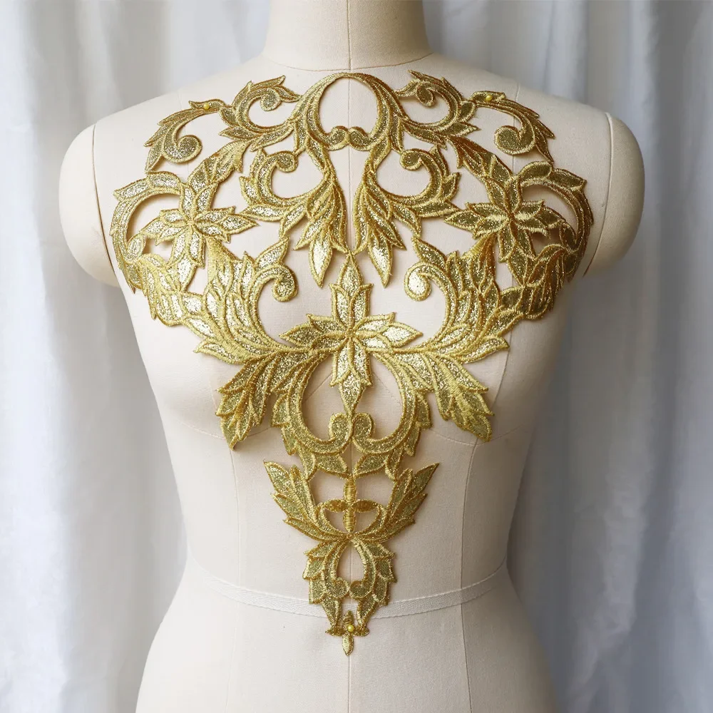 Gold Embroidery Sequin Shiny Flower Applique Collar Sew Iron Patch For Wedding Bridal Gown Party Dress DIY Clothes Decor Crafts