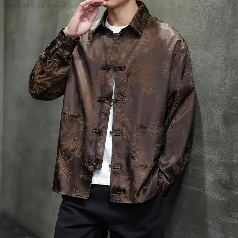

Новая мужская рубашка в китайском стиле с жаккардовым узором «Бамбуковые листья», свободная повседневная блузка-куртка больших размеров 3XL 4XL 5XL, традиционный костюм Тан, верхняя одежда