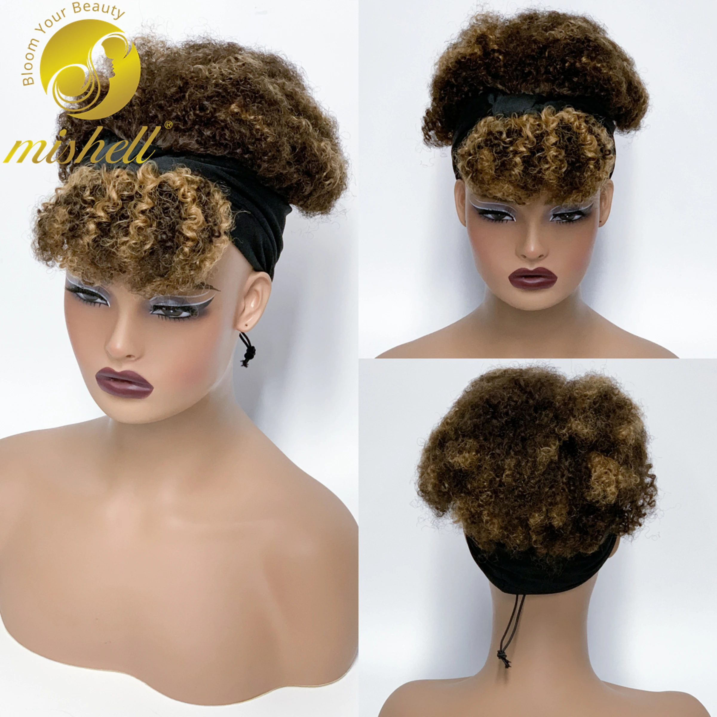 Afro Kinky Curly Scarf Wigs with Bangs Machine Made Wig 4/30 Highlight Ombre Bouncy Curly Human Hair Wig 200% Density for Women