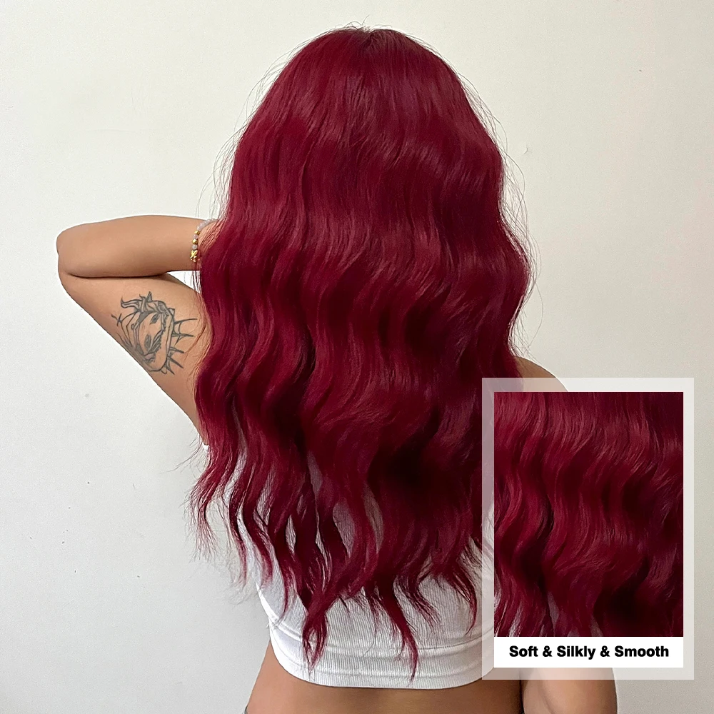 HENRY MARGU Red Water Wavy Synthetic Wigs Long Natural Red Wig with Bangs Red Color Party Costume Hair Heat Resistant Daily Wig