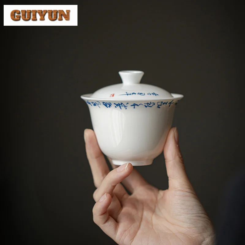 160ml Elegant Jade Mud White Porcelain Gaiwan Blue And White Poetry Tea Tureen Household Tea Maker Cover Bowl Tableware Ornament