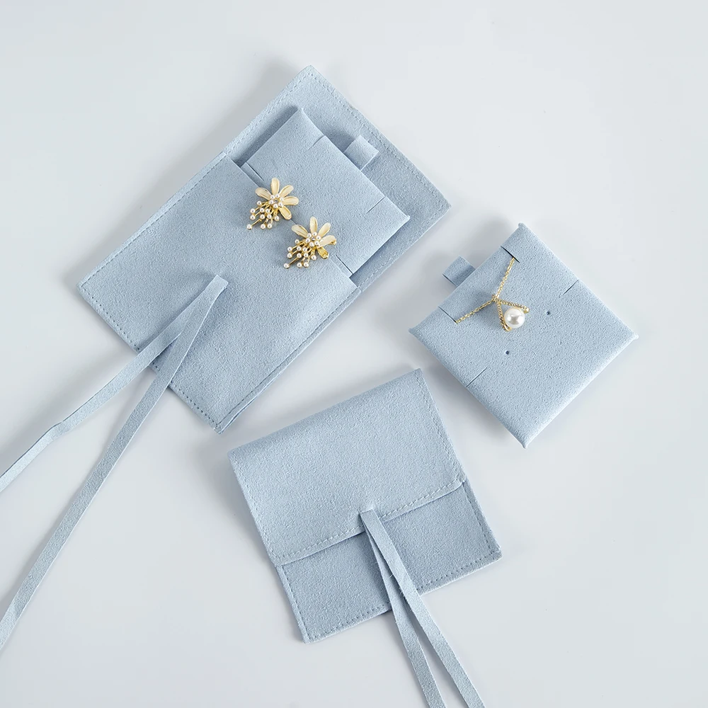 

Luxury Super Soft Blue Microfiber Pouch For Jewelry Envelope Drawstring Dust Gift Cosmetic Earrings Ring Packaging Bag with Card