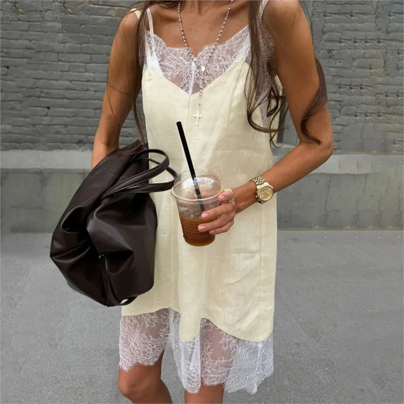 

New Fashion Sexy Lace Spaghetti Strap Short Dress Summer Chic Cotton Straight Dresses Women Casual Sleeveless Party Dress