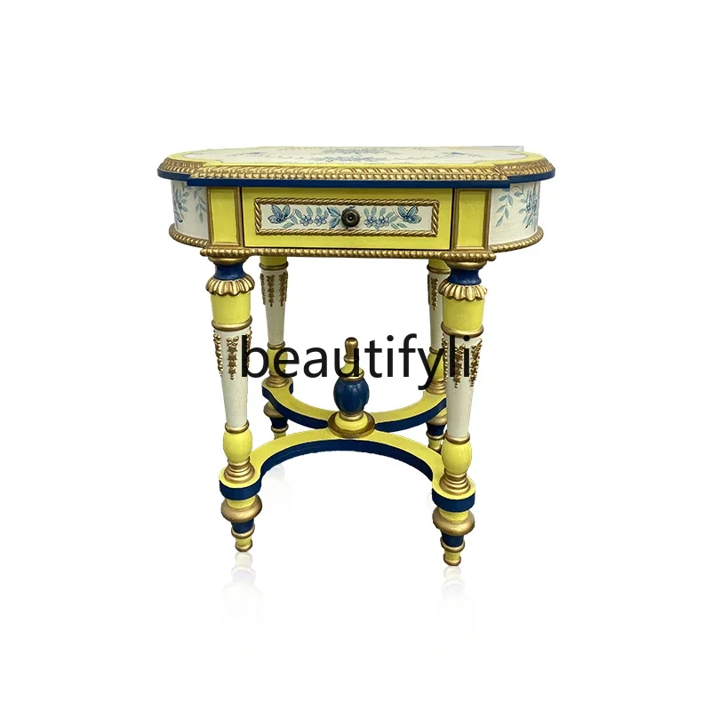 

A16 European painted solid wood edge few flower stand French birch sofa side table villa high-end hand-painted corner few