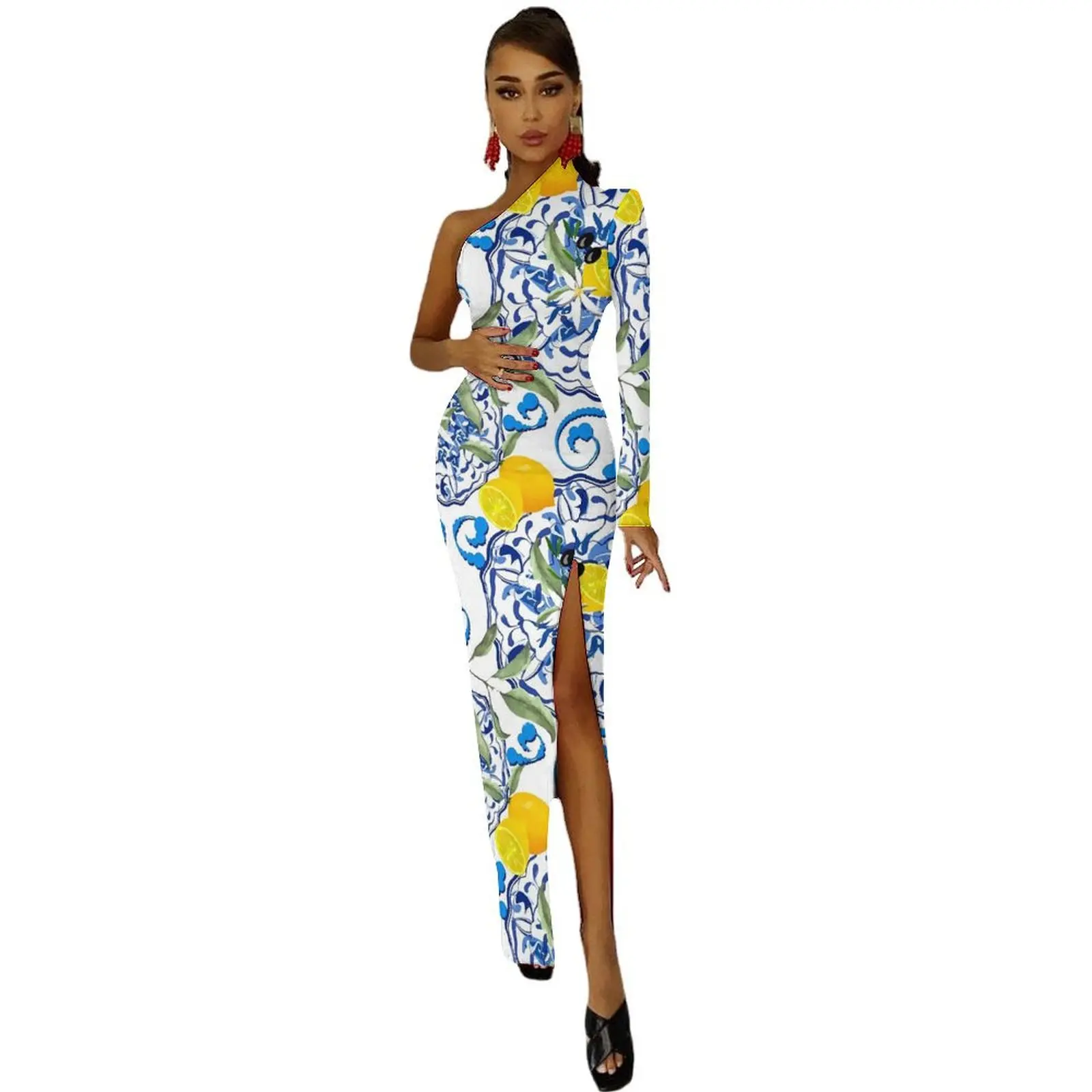 Fruit Print Long Dress Woman Yellow Lemon Aesthetic Maxi Dress Spring Trendy Bodycon Dresses Side Split Printed Vestidos