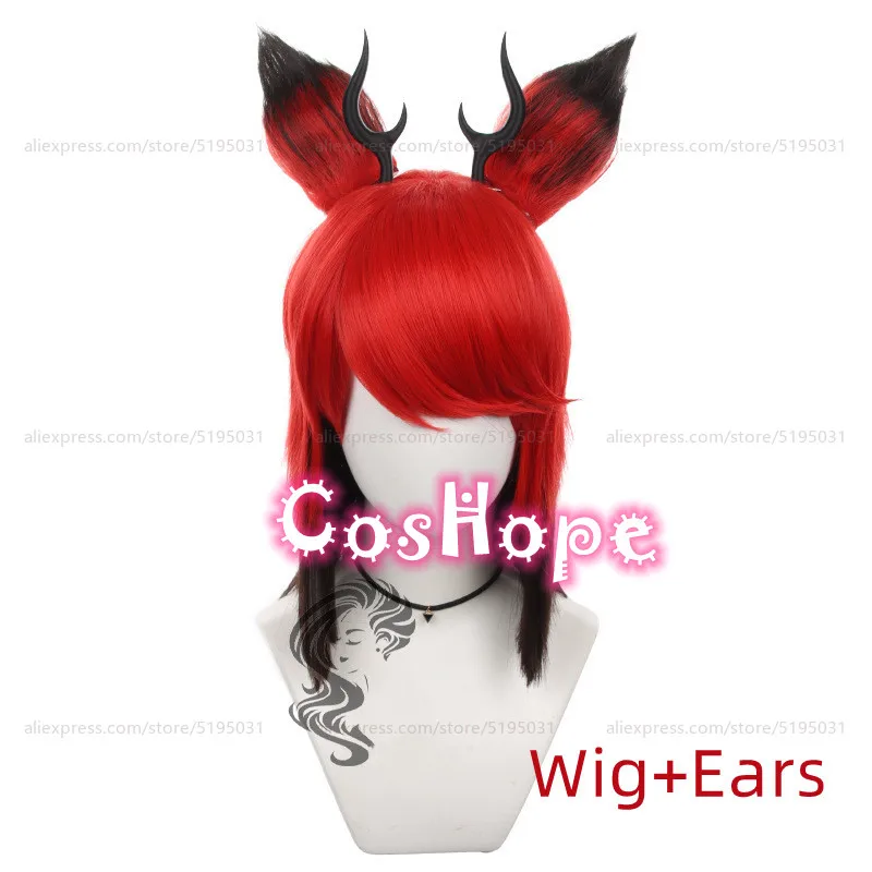 Alastor Cosplay Wig with Ears Horns Glasses 38cm Orange Red Black Wig Cosplay Anime Cosplay Wigs Heat Resistant Synthetic Wigs