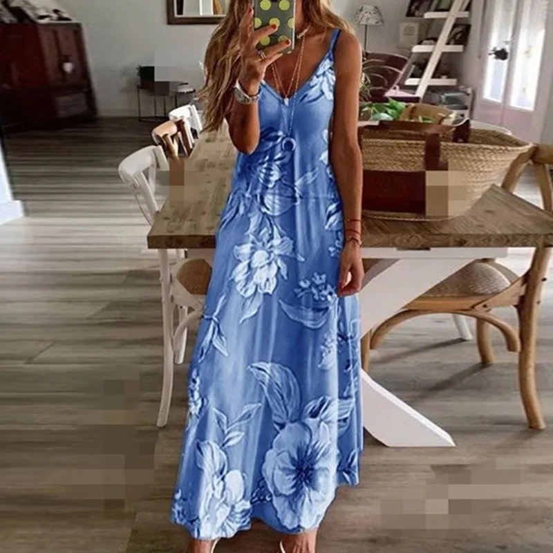 

2026 Summer Floral Digital Print Dress V-neck Sleeveless Off Shoulder Sling Long Vest Dress Women's Clothing Vestidoes