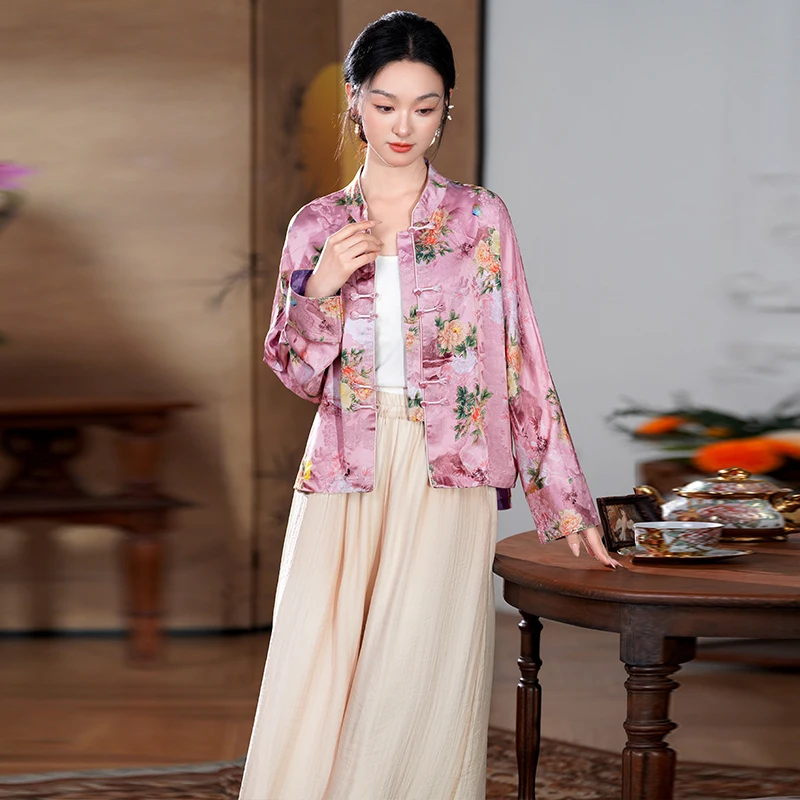 قميص أرجواني بأزرار كلاسيكية على الطراز الصيني، قميص بأكمام طويلة، ملابس صينية تقليدية للنساء